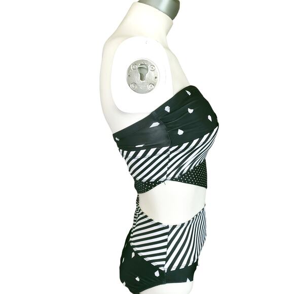 THE OPEN stripe polka dot cutout bandeau monokini one piece swimsuit black white - Picture 3 of 11